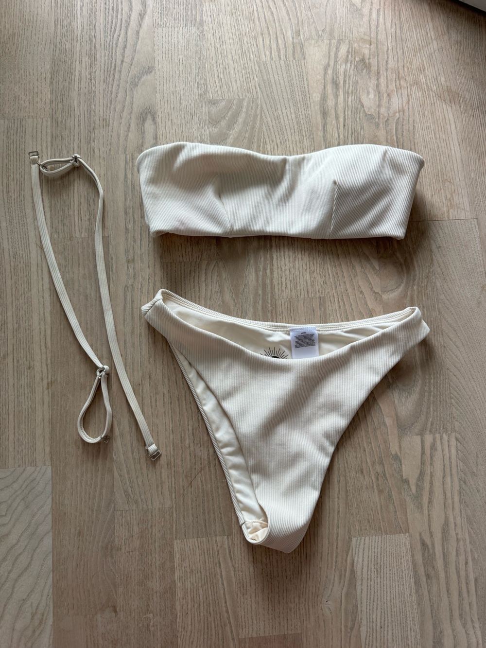 Cream Ribbed Bandeau Bikini Top & Bottom Set